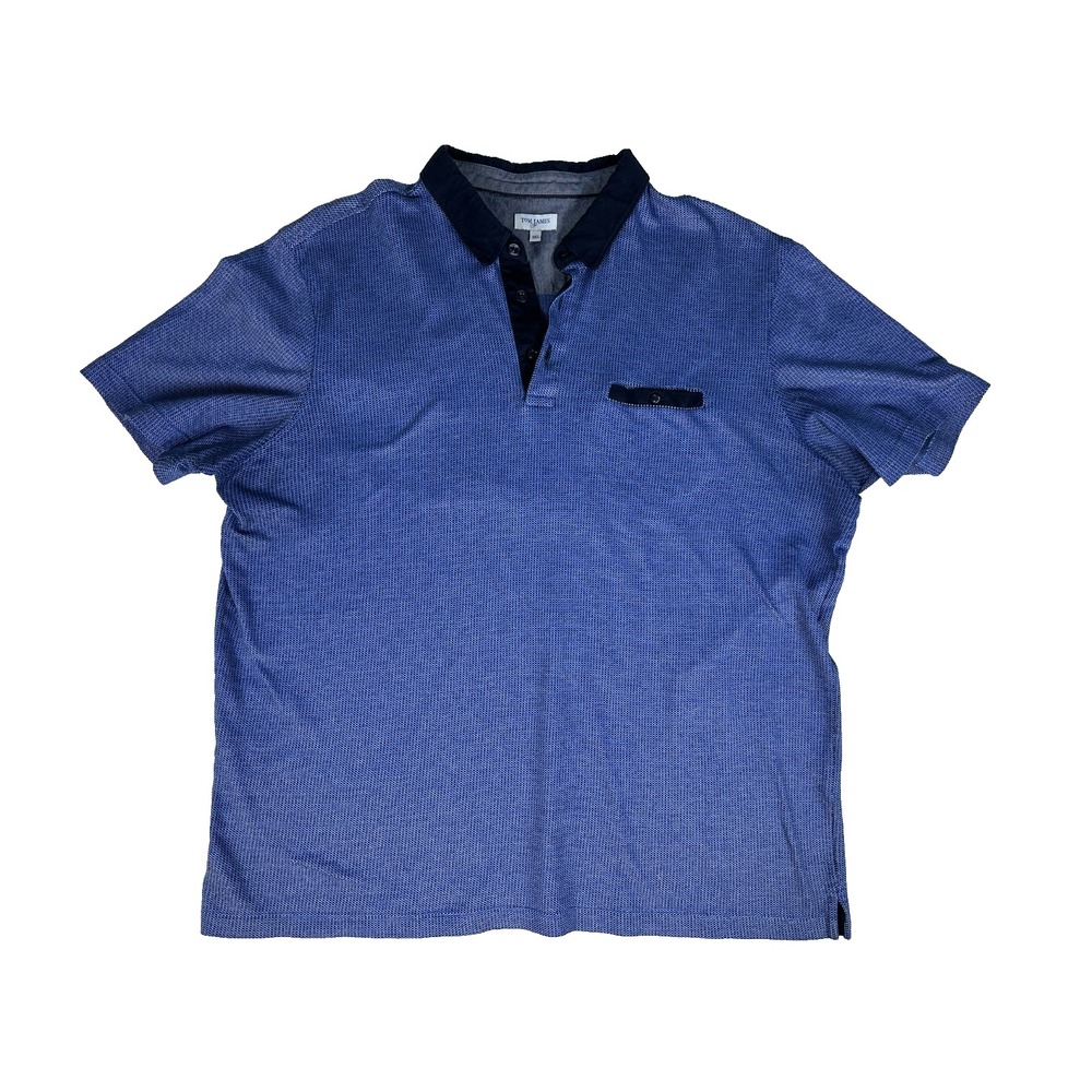 Tom James Mens 2XL Polo Blue Micro Pattern Suede Collar Luxury Golf Shirt